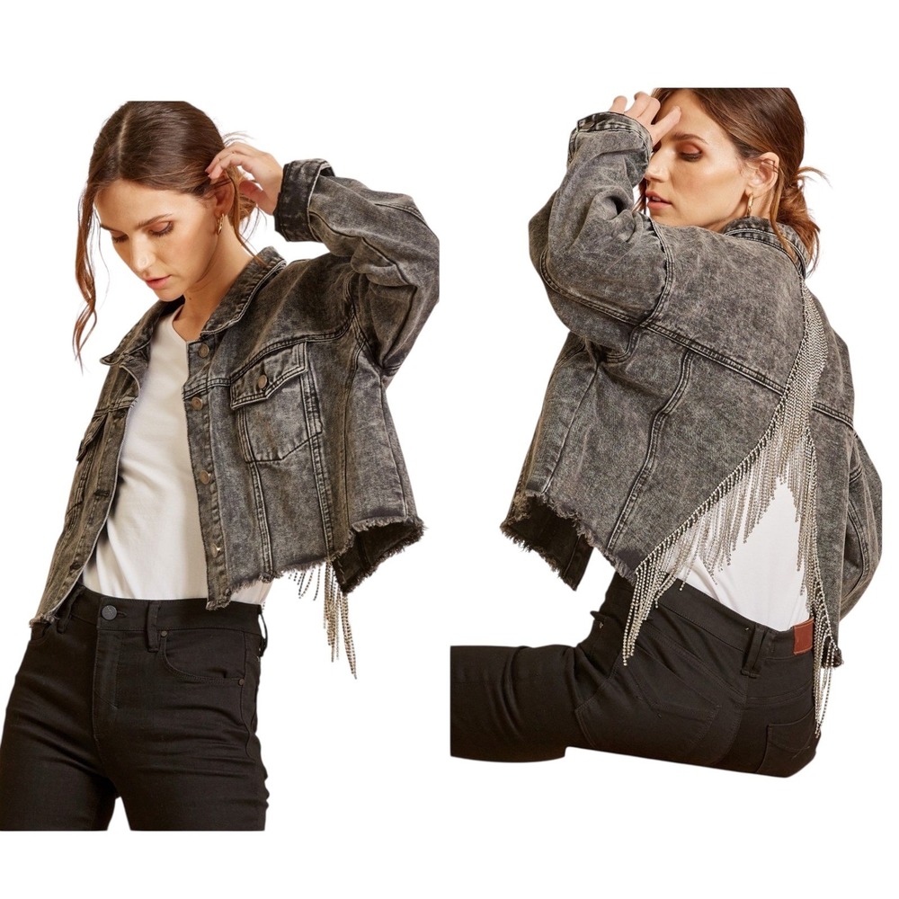 Savanna Jane Denim Jean Jacket Women L Black Rhinestone Fringe Cutout Back Rodeo